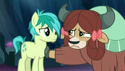 Size: 1920x1080 | Tagged: safe, derpibooru import, screencap, sandbar, yona, earth pony, pony, uprooted, cave of harmony, cloven hooves, comforting, cute, duo, female, friends, good intentions gone wrong, horns, looking at each other, male, monkey swings, teenager, upset