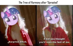 Size: 959x609 | Tagged: safe, derpibooru import, tree of harmony, pony, uprooted, american horror story, exploitable meme, meme, treehouse of harmony, treelight sparkle