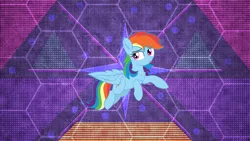 Size: 1192x670 | Tagged: safe, artist:cyanlightning, artist:laszlvfx, derpibooru import, edit, rainbow dash, pony, abstract background, female, flying, looking at something, mare, solo, wallpaper, wallpaper edit