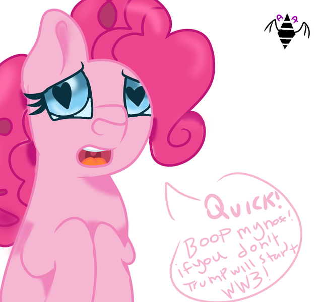 Size: 1024x955 | Tagged: safe, artist:aurumnarts, derpibooru import, pinkie pie, pony, asking, boop, breaking the fourth wall, donald trump, heart eyes, looking at you, pleading, she knows, simple background, solo, speech bubble, trump, white background, wingding eyes, world war iii, worried