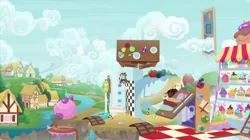 Size: 2000x1123 | Tagged: apple, berries, blueberry, bridge, candy, candy cane, checkerboard, chocolate, cloud, cup, cupcake, derpibooru import, door, dream, falling, food, fruit, giant food, hat, house, ocellus, plates, ponyville, river, safe, screencap, silverstream, smolder, spoon, stairs, strawberry, stream, surreal, table, teapot, uprooted, yona