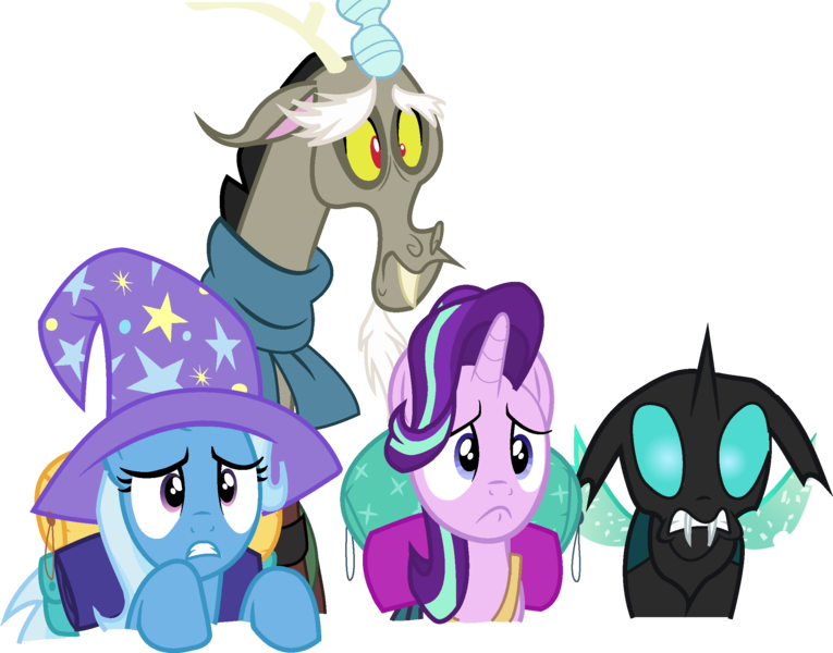 Size: 2301x1805 | Tagged: safe, artist:littlecl0ud, derpibooru import, discord, starlight glimmer, thorax, trixie, changeling, draconequus, pony, unicorn, to where and back again, frown, reformed four, vector, worried