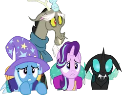 Size: 2301x1805 | Tagged: safe, artist:littlecl0ud, derpibooru import, discord, starlight glimmer, thorax, trixie, changeling, draconequus, pony, unicorn, to where and back again, frown, reformed four, vector, worried