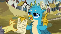 Size: 1280x720 | Tagged: safe, derpibooru import, screencap, gallus, grampa gruff, gryphon, uprooted, chest fluff, claws, griffonstone, male, permission slip, wings, written equestrian