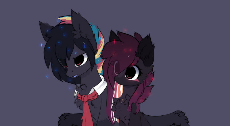 Size: 1600x878 | Tagged: safe, artist:little-sketches, derpibooru import, oc, oc:ayaka, oc:masashi, ponified, unofficial characters only, earth pony, pony, blue background, chest fluff, eye clipping through hair, female, male, mare, necktie, simple background, species swap, stallion