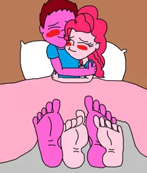 Size: 903x1062 | Tagged: suggestive, artist:logan jones, derpibooru import, pinkie pie, oc, oc:logan berry, equestria girls, barefoot, bed, blanket, blushing, canon x oc, clothes, cuddling, feet, female, fetish, foot fetish, foot focus, footsie, loganpie, male, male feet, soles, toes