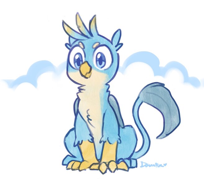 Size: 2048x1871 | Tagged: safe, artist:dawnfire, derpibooru import, gallus, gryphon, chest fluff, cloud, cute, gallabetes, leg fluff, looking at you, male, neck fluff, simple background, sitting, smiling, solo, white background