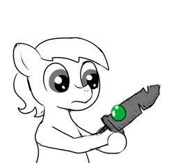 Size: 640x600 | Tagged: safe, artist:ficficponyfic, derpibooru import, oc, oc:larimar, earth pony, pony, colt quest, colt, cyoa, foal, gem, male, monochrome, solo, story included, surprised, sword, weapon