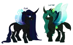 Size: 1589x993 | Tagged: safe, artist:unoriginai, derpibooru import, changeling queen oc, oc, oc:princess larvae, oc:princess pupa, changedling, changeling, changeling queen, changepony, hybrid, blue changeling, changeling oc, duo, fangs, female, half-siblings, interspecies offspring, lidded eyes, lineless, next generation, offspring, parent:queen chrysalis, parent:shining armor, parent:thorax, parents:chrysarax, parents:shining chrysalis, simple background, story included, transparent background
