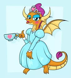 Size: 2489x2733 | Tagged: safe, artist:moonatik, derpibooru import, smolder, dragon, abstract background, clothes, cup, cute, cute little fangs, dragoness, dress, eyeshadow, fangs, female, girly, heart, horns, jewelry, lipstick, makeup, princess smolder, scales, smolderbetes, solo, tail, teacup, tiara, tongue out, wings