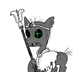 Size: 640x600 | Tagged: semi-grimdark, artist:ficficponyfic, derpibooru import, undead, zebra, zombie, colt quest, clothes, corpse, cyoa, eye glow, guard, jewelry, missing teeth, monochrome, solo, spear, story included, temple guardian, tiara, weapon