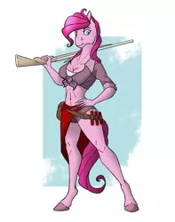 Size: 1009x1280 | Tagged: suggestive, artist:akweer, derpibooru import, pinkie pie, anthro, earth pony, unguligrade anthro, breasts, busty pinkie pie, clothes, dynamite, explosives, female, front knot midriff, gun, hand on hip, mare, midriff, smiling, solo, solo female, weapon