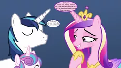 Size: 1280x720 | Tagged: safe, derpibooru import, edit, edited screencap, screencap, princess cadance, princess flurry heart, shining armor, alicorn, pony, unicorn, best gift ever, blushing, crown, dialogue, female, good clean married sex, husband and wife, imminent sex, implied sex, jewelry, male, mare, peytral, regalia, sex, shiningcadance, shipping, speech bubble, stallion, straight