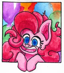 Size: 1667x1920 | Tagged: safe, artist:ploskostnost, derpibooru import, pinkie pie, earth pony, pony, balloon, bust, colored pupils, ear fluff, looking at you, portrait, smiling, solo, traditional art, watercolor painting