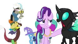 Size: 1280x720 | Tagged: safe, derpibooru import, discord, starlight glimmer, thorax, trixie, changeling, draconequus, pony, unicorn, to where and back again, background removed, backpack, clothes, female, male, mare, open mouth, reformed four, scarf, simple background, transparent background