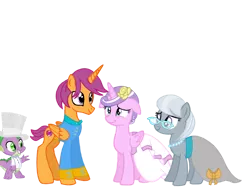 Size: 1024x768 | Tagged: safe, artist:turnaboutart, derpibooru import, diamond tiara, scootaloo, silver spoon, spike, alicorn, dragon, earth pony, pony, alicornified, base used, bride, clothes, dress, female, flower, flower in hair, glasses, half r63 shipping, hat, jewelry, lesbian, male, mare, marriage, necklace, older, older diamond tiara, older scootaloo, older silver spoon, pearl necklace, race swap, rule 63, scootacorn, scooteroll, scootiara, shipping, skatiara, stallion, straight, suit, tiaracorn, top hat, wedding, wedding dress