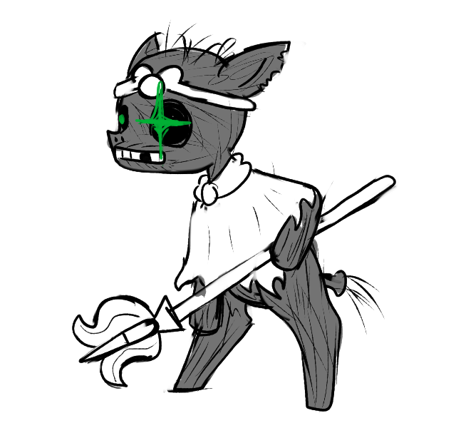 Size: 640x600 | Tagged: semi-grimdark, artist:ficficponyfic, derpibooru import, undead, zebra, zombie, colt quest, clothes, corpse, cyoa, eye glow, guard, jewelry, missing teeth, monochrome, solo, spear, story included, temple guardian, tiara, weapon