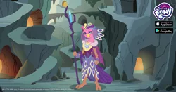 Size: 1200x630 | Tagged: cave, derpibooru import, female, gameloft, idw, idw showified, majestic, nightmare knights, official, princess eris, safe, sarimanok, solo, spoiler:comic, staff, staff of sacanas