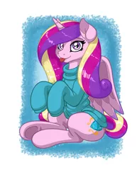 Size: 2550x3300 | Tagged: safe, artist:latecustomer, derpibooru import, part of a set, princess cadance, alicorn, pony, :p, clothes, cute, cutedance, female, mare, missing accessory, oversized clothes, silly, sitting, smiling, solo, sweater, tongue out