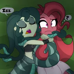 Size: 1280x1280 | Tagged: safe, artist:wubcakeva, derpibooru import, oc, oc:medusa, oc:mezma, gorgon, lamia, medusa, monster girl, original species, snake, equestria girls, cuddling, equestria girls-ified, female, sleeping, snoring