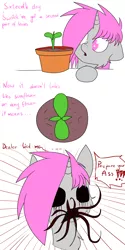 Size: 3000x6000 | Tagged: safe, artist:fajnyziomal, derpibooru import, oc, oc:purple light, unofficial characters only, pony, unicorn, comic:świstek, black sclera, cheek fluff, comic, creepypasta, female, flower pot, leaves, mare, neck fluff, open mouth, solo, tentacles, zalgo