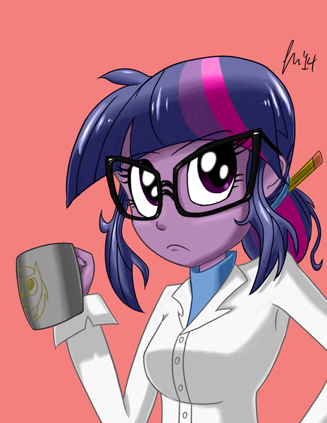 Size: 1020x1320 | Tagged: safe, artist:j-nanasca, artist:kingjnar, derpibooru import, sci-twi, twilight sparkle, equestria girls, rainbow rocks, clothes, coffee, cup, drink, female, frown, glasses, hair bun, holding, lab coat, looking at you, pencil, pink background, ponytail, red background, science, scientist, signature, simple background, solo