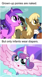 Size: 482x883 | Tagged: safe, derpibooru import, screencap, bottlecap (character), doctor whooves, mjölna, princess flurry heart, silver spanner, time turner, pony, the crystalling, the super speedy cider squeezy 6000, baby, cartoon logic, critical research failure, diaper, female, filly, mare, meme, we don't normally wear clothes