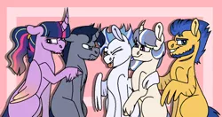 Size: 1024x542 | Tagged: safe, artist:echabi, derpibooru import, flash sentry, twilight sparkle, twilight sparkle (alicorn), oc, oc:aires, oc:artemis wonder, oc:spear shine, alicorn, pony, beard, cloven hooves, facial hair, missing cutie mark, offspring, older, parent:flash sentry, parent:twilight sparkle, parents:flashlight, tongue out, unshorn fetlocks