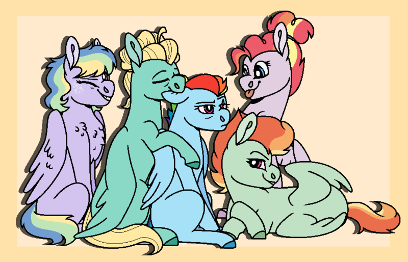 Size: 922x592 | Tagged: safe, artist:echabi, derpibooru import, rainbow dash, zephyr breeze, oc, oc:sea breeze, oc:sugar rush, oc:zipper dash, pegasus, pony, biting, chest fluff, ear bite, female, freckles, male, missing cutie mark, offspring, one eye closed, parent:rainbow dash, parent:zephyr breeze, parents:zephdash, shipping, straight, tongue out, wink, zephdash