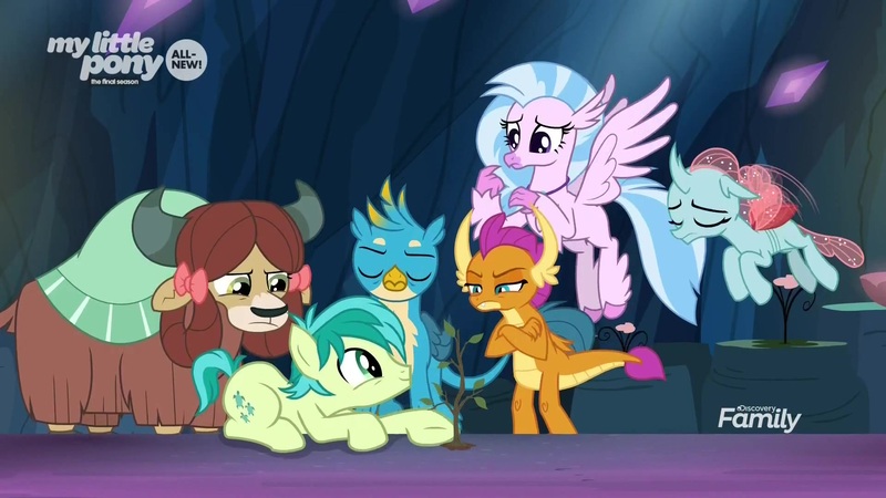 Size: 1920x1080 | Tagged: safe, derpibooru import, screencap, gallus, ocellus, sandbar, silverstream, smolder, yona, changedling, changeling, classical hippogriff, dragon, earth pony, gryphon, hippogriff, pony, yak, uprooted, bow, cloven hooves, colored hooves, cute, disappointed, dragoness, female, hair bow, jewelry, male, monkey swings, necklace, sandabetes, teenager