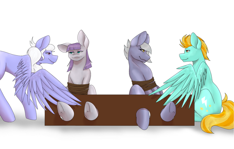 Size: 2734x1744 | Tagged: suggestive, anonymous artist, derpibooru import, lightning dust, limestone pie, maud pie, sugarcoat, ponified, earth pony, pegasus, pony, bedroom eyes, bondage, commission, dustdom, equestria girls ponified, erotic tickling, female, females only, femdom, femsub, fetish, hoof fetish, lesbian, limedust, limestonesub, mare, maudcoat, maudsub, rope, rope bondage, shipping, siblings, simple background, sisters, stocks, submissive, sugardom, tickle fetish, tickle torture, tickling, underhoof, white background