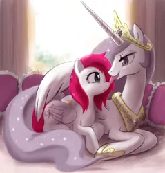 Size: 578x604 | Tagged: dead source, suggestive, artist:johnjoseco, derpibooru import, princess celestia, oc, oc:phoe, alicorn, pegasus, pony, ask gaming princess luna, princess molestia, canon x oc, eye contact, female, lesbian, licking, looking at each other, mare, not sure if want, tongue out