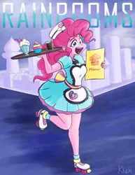 Size: 850x1100 | Tagged: safe, artist:kprovido, derpibooru import, pinkie pie, equestria girls, album parody, breakfast in america, clothes, cupcake, dress, food, roller skates, server pinkie pie, supertramp, waitress