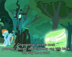 Size: 916x720 | Tagged: alternate timeline, caption, changeling, changeling queen, chrysalis resistance timeline, derpibooru import, disguise, disguised changeling, edit, edited screencap, female, meme, n word, ponified animal photo, ponified meme, queen chrysalis, racism, rainbow dash, safe, screencap, the cutie re-mark, the n word