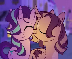 Size: 2333x1911 | Tagged: safe, artist:paradiseskeletons, derpibooru import, starlight glimmer, oc, oc:shimmering spectacle, alicorn, pony, unicorn, :t, alicorn oc, canon x oc, curved horn, eyes closed, female, hair over one eye, horn, incest, lesbian, magical lesbian spawn, magical threesome spawn, mare, offspring, shipping, smiling, star (coat marking), wings
