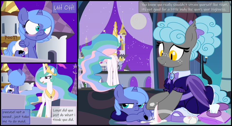 Size: 11000x6000 | Tagged: safe, artist:evilfrenzy, derpibooru import, princess celestia, princess luna, oc, alicorn, pony, comic:from duty to doody, accident, age regression, baby powder, blushing, butt, comic, cute, diaper, diaper change, diaper fetish, fart noise, female, fetish, filly, foal, foal powder, mare, messing, messy diaper, onomatopoeia, plot, poop, pooping, scat, sound effects, woona, younger