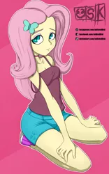 Size: 1005x1614 | Tagged: safe, artist:oldskullkid, derpibooru import, fluttershy, equestria girls, choker, clothes, colored pupils, cute, female, kneeling, looking at you, pink background, shyabetes, signature, simple background, smiling, solo, spaghetti strap, strap slip, tanktop