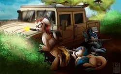 Size: 2800x1700 | Tagged: safe, artist:elmutanto, derpibooru import, oc, oc:heinrich hirsch, oc:kami, oc:star shooter, unofficial characters only, pegasus, pony, bush, cap, clothes, dirt, general motors, gun, hat, hummer, military, one eye closed, rifle, scenery, sniper rifle, tongue out, tree, vehicle, weapon