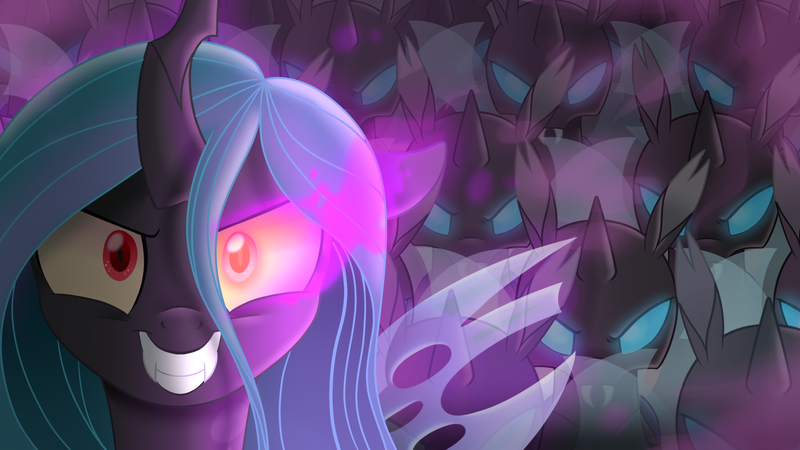 Size: 1920x1080 | Tagged: artist:prince-lionel, changeling, changeling queen, derpibooru import, evil grin, eye smoke, female, grin, movie accurate, queen chrysalis, safe, smiling, sombra eyes