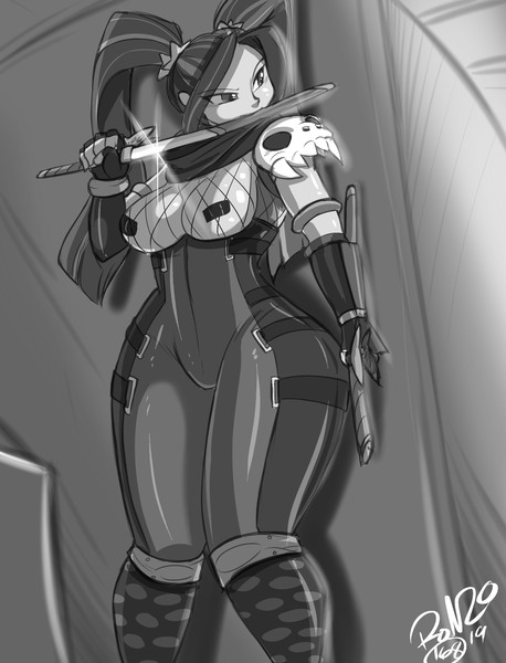 Size: 1920x2517 | Tagged: suggestive, artist:shonuff44, derpibooru import, aria blaze, equestria girls, breasts, busty aria blaze, commission, female, grayscale, katana, kunoichi, looking back, monochrome, mouth hold, ninja, punk, sketch, solo, solo female, sword, unsheathing, wakizashi, weapon