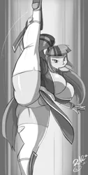 Size: 1920x3817 | Tagged: suggestive, artist:shonuff44, derpibooru import, sonata dusk, equestria girls, absolute cleavage, big breasts, breasts, busty sonata dusk, cleavage, clothes, cosplay, costume, crossover, dead or alive, female, food, kasumi, monochrome, mouth hold, ninja, panties, ponytail, raised leg, skirt, socks, solo, solo female, taco, thigh highs, underwear, upskirt, video game crossover