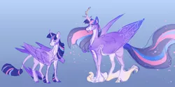 Size: 2000x1000 | Tagged: safe, artist:turnipberry, deleted from derpibooru, derpibooru import, tree of harmony, twilight sparkle, twilight sparkle (alicorn), alicorn, pony, alternate design, cloven hooves, colored hooves, curved horn, female, gradient background, horn, large wings, leonine tail, mare, smiling, treelight sparkle, unshorn fetlocks, wings