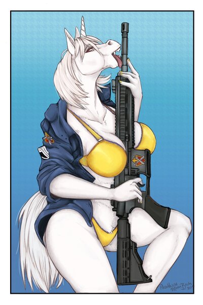 Size: 2000x3000 | Tagged: questionable, artist:phathusa, derpibooru import, oc, oc:altima, unofficial characters only, anthro, unicorn, assault rifle, bra, breasts, cleavage, clothes, female, gun, gun fetish, licking, looking at you, no trigger discipline, partial nudity, pose, red eyes, rifle, solo, tongue out, underwear, weapon, white hair