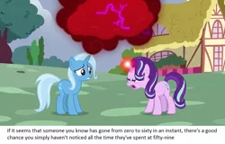 Size: 1273x815 | Tagged: safe, artist:equestria-forever, derpibooru import, edit, edited screencap, screencap, starlight glimmer, trixie, pony, unicorn, all bottled up, anger magic, duo, female, glowing horn, horn, magic, mare, text