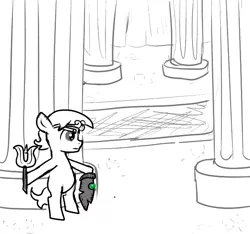 Size: 640x600 | Tagged: safe, artist:ficficponyfic, derpibooru import, oc, oc:larimar, earth pony, pony, colt quest, carpet, circlet, colt, cyoa, foal, jewelry, male, monochrome, pillar, room, solo, spear, story included, sword, temple, tiara, weapon
