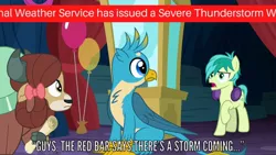 Size: 1280x720 | Tagged: safe, derpibooru import, edit, edited screencap, screencap, gallus, sandbar, yona, earth pony, gryphon, pony, uprooted, balloon, caption, claws, earmuffs, emergency alert system, female, fourth wall, hooves, image macro, male, meme, raised hoof, tail, text, thunderstorm, wings