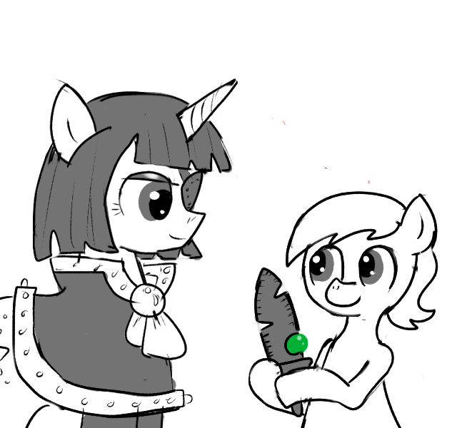 Size: 640x600 | Tagged: safe, artist:ficficponyfic, derpibooru import, oc, oc:larimar, oc:uictoria, earth pony, pony, unicorn, colt quest, adult, child, colt, cyoa, demon hunter, eyepatch, eyeshadow, female, foal, gem, horn, makeup, male, mantle, mare, monochrome, monster hunter, order of the arrow, plot twist, smiling, story included, sword, weapon