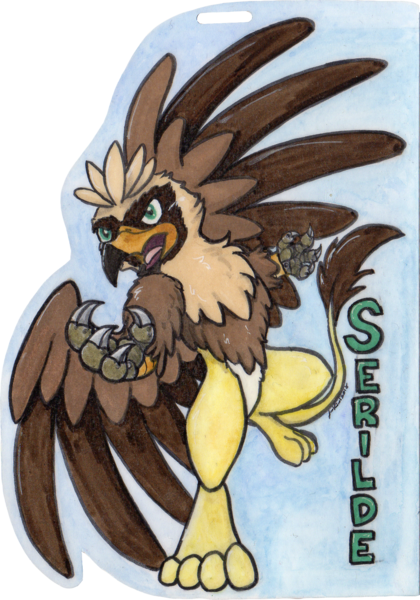 Size: 1332x1901 | Tagged: safe, artist:jenkiwi, derpibooru import, oc, oc:serilde, gryphon, badge, claws, female