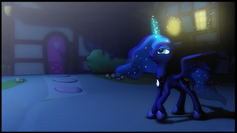 Size: 3200x1799 | Tagged: safe, artist:ghostlymarie, derpibooru import, princess luna, pony, 3d, ponyville, source filmmaker