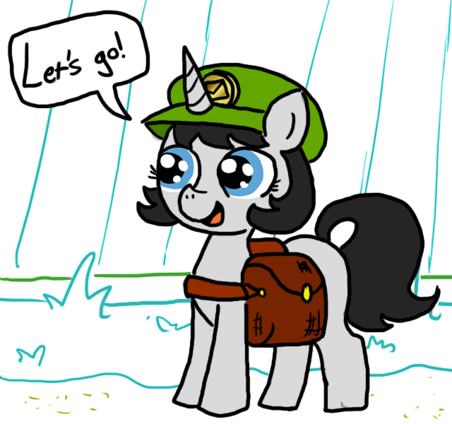 Size: 640x600 | Tagged: editor needed, safe, artist:ficficponyfic, derpibooru import, oc, oc:joyride, unofficial characters only, pony, unicorn, colt quest, child, color, colored, cute, dirt, female, filly, foal, grass, happy, hat, horn, innocent, letter, mail, mailbag, mailmare, mailmare hat, mailpony, smiling, story included